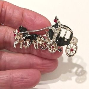 Coach & Horses Pin Brooch. Vintage 1950's Red Rhinestones. Estate piece gift
